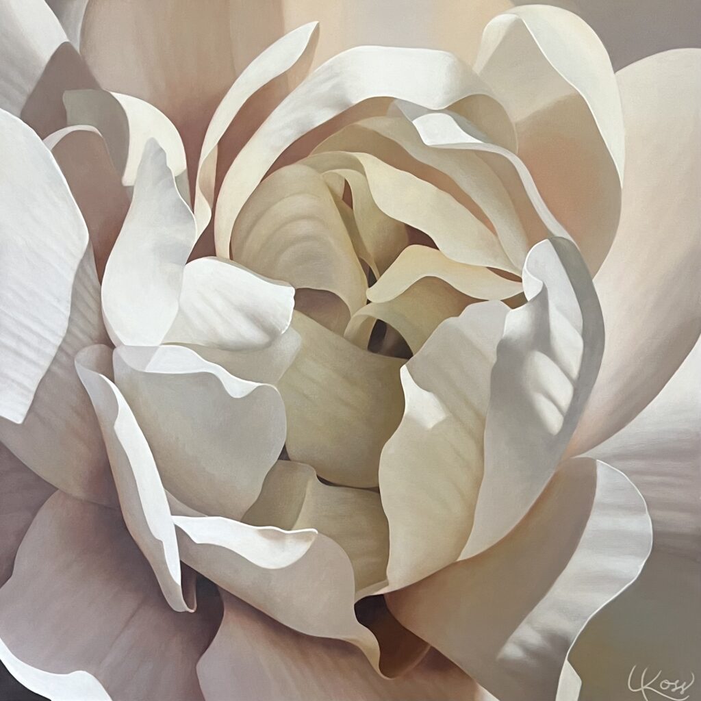 Close up painting of a neutral toned begonia flower